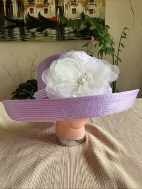 Lavender Satin Ribbon Wide-Brim Hat with White Floral Accent